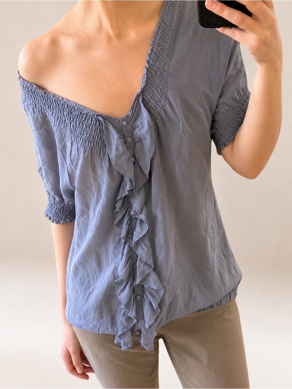 VTG Y2K JOIE Lilac 100% Silk Off The Shoulder Ruffle Button Peasant Top Blouse L